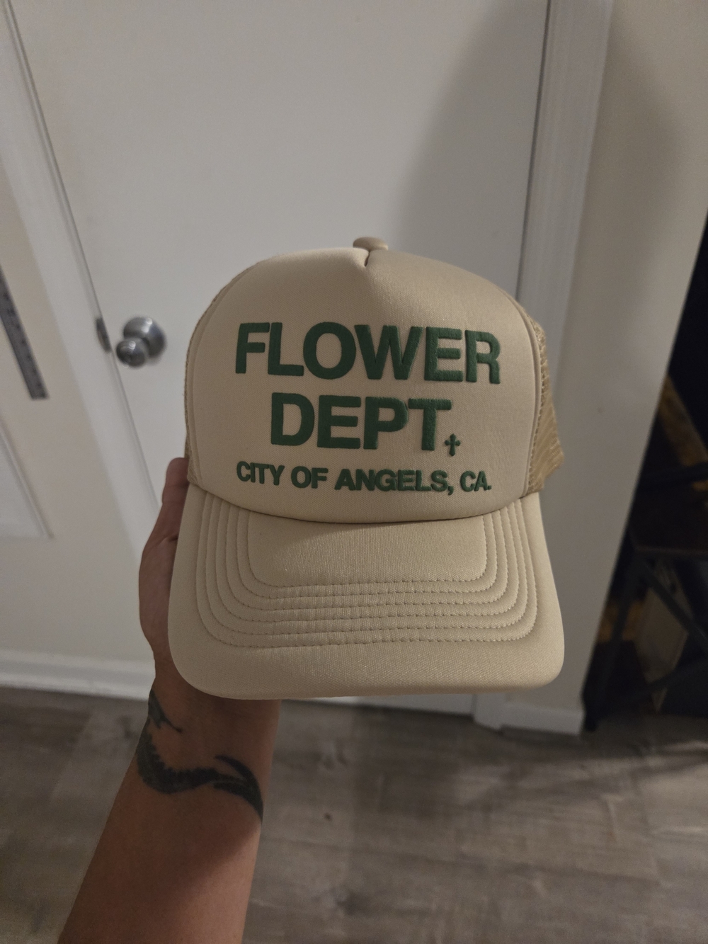 FLOWER DEPT. Beige Trucker Hat with Green Logo